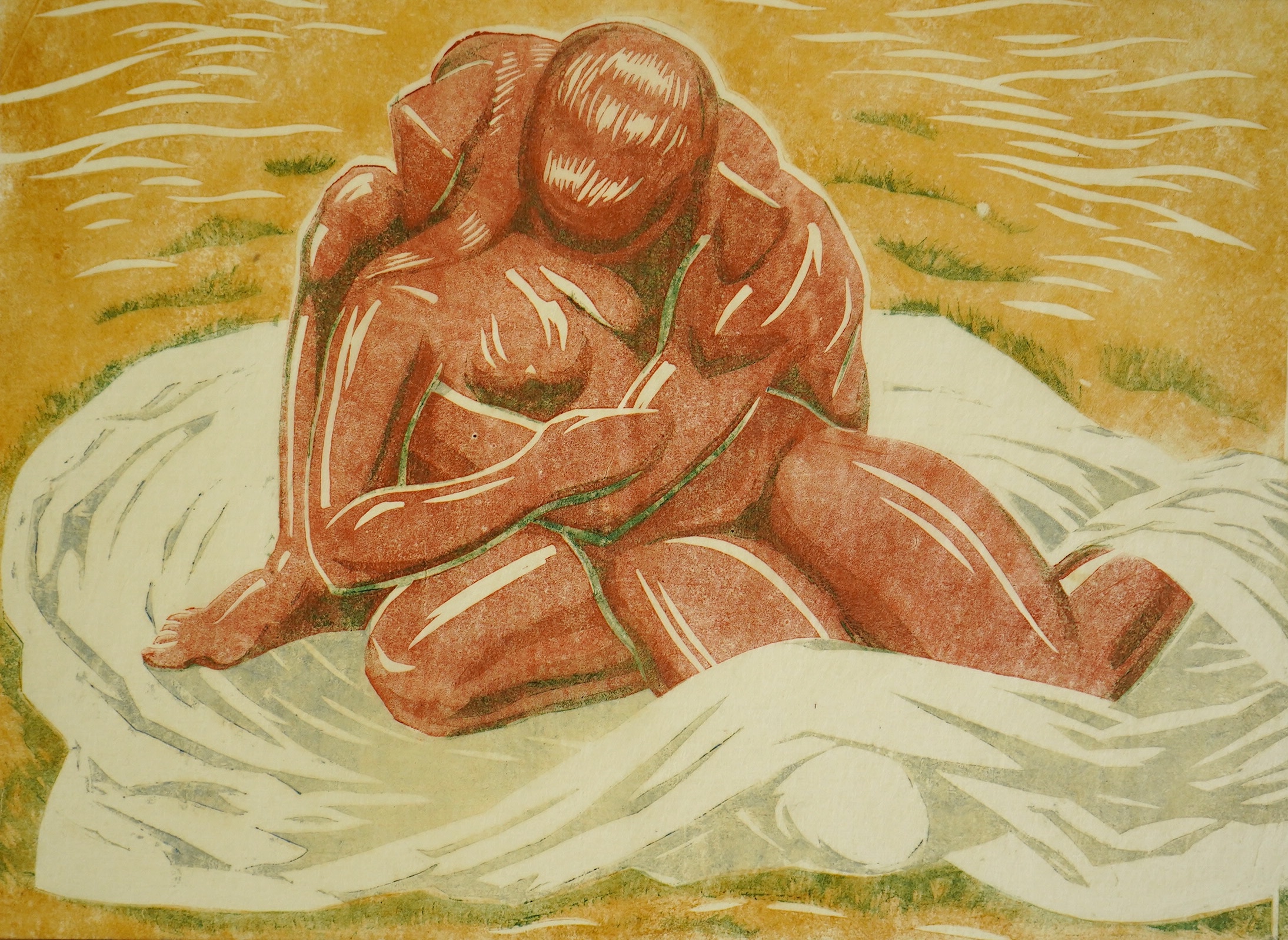 Margaret Barnard (British, 1900-1992), Lovers, c.1930, linoleum cut printed in colours on tissue-thin oriental laid paper, 26 x 36cm